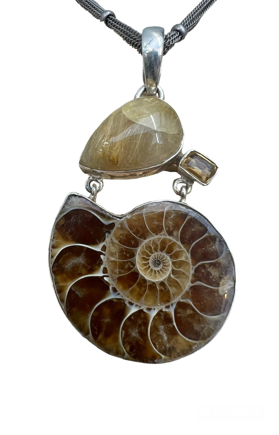 Earthy Elegance: Ammonite Pendant with Rutilated Quartz & Citrine